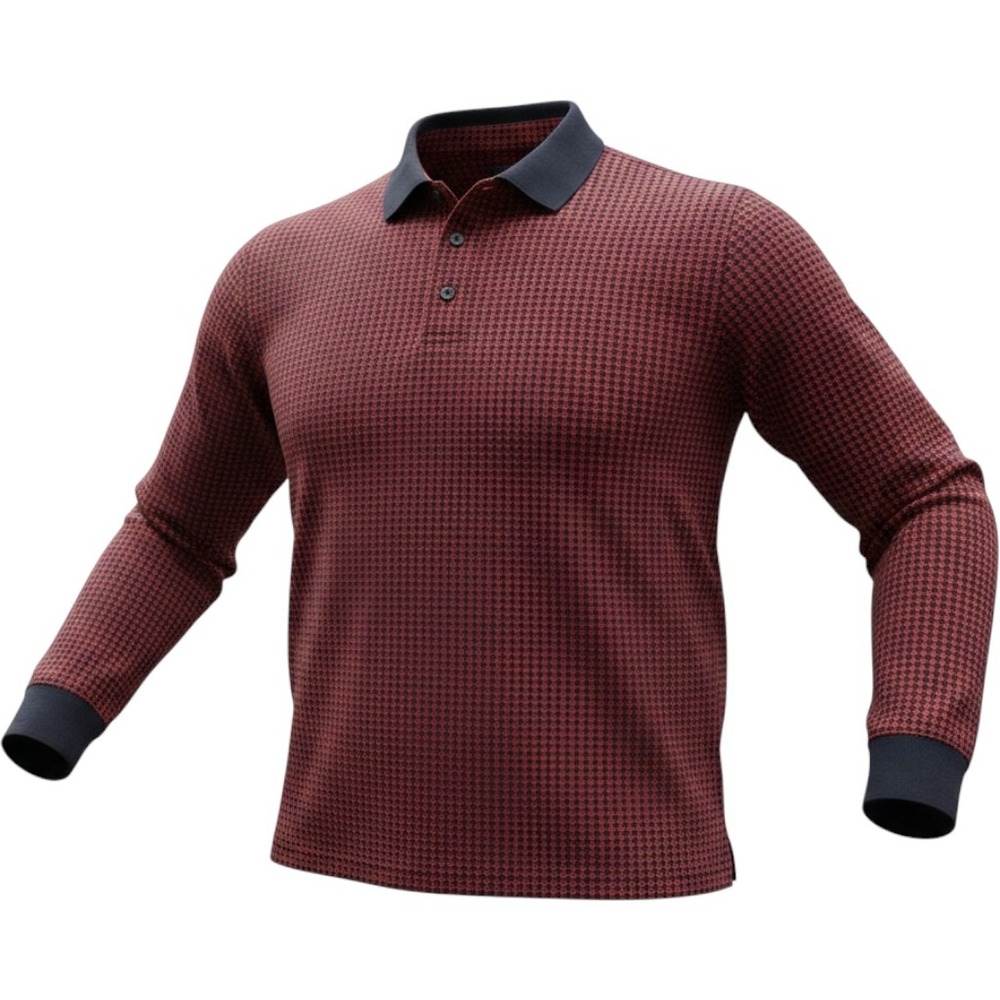 Lands End Mens XXL Long Sleeve Houndstooth Polo Shirt Red Black Traditional Fit